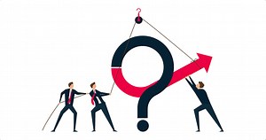 4k animation of Teamwork to solve business problem, colleagues help put solution arrow on question mark problem sign