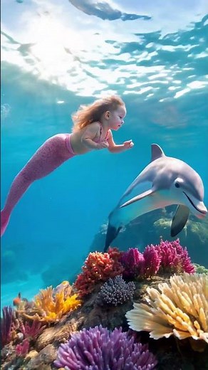 Baby Mermaid and Pink Dolphin Swimming Underwater