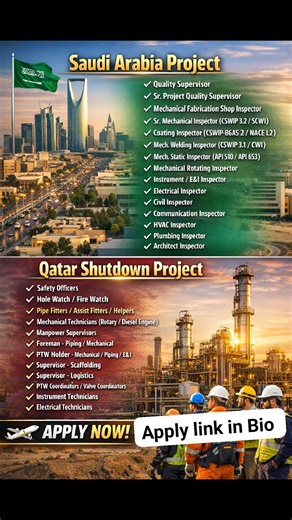 🚨 **GULF JOBS VIRAL ALERT 2026** 🚨 🇸🇦 **SAUDI ARABIA PROJECT** | 🇶🇦 **QATAR SHUTDOWN PROJECT** Apply link https://whatsapp.com/channel/0029Va9PFQS4IBh6tfyYH02k/285 💼 **100 VACANCIES | OIL & GAS | EPC PROJECTS** 👷‍♂️ Engineers | Inspectors | Supervisors | Technicians | Safety Staff ⏳ **Immediate Shortlisting – Limited Time Hiring** --- ### 🇸🇦 SAUDI ARABIA – QA/QC & INSPECTION Quality Supervisor | Sr. Project Quality Supervisor Mechanical / Welding / Static / Rotating Inspectors CSWIP |