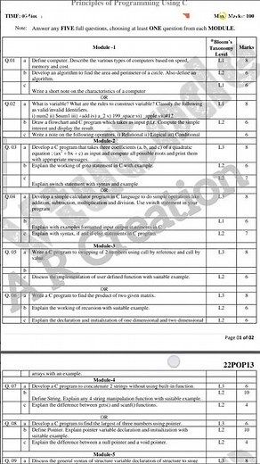 💥1st YEAR PRINCIPLES OF PROGRAMING USING C MODEL QUESTION PAPER || BPOPS206 #vtu #viral #pop