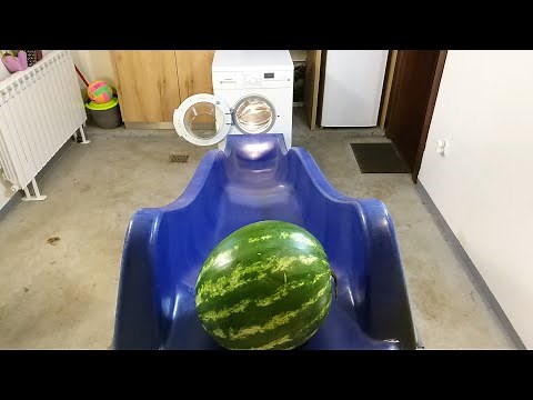 Experiment - Watermelon via Long Kids Slide - in to the Washing Machine - centrifuge
