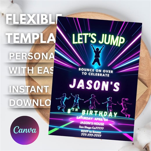 Neon Trampoline Birthday Invitation | Jump Zone Party (canva Editable) - Etsy