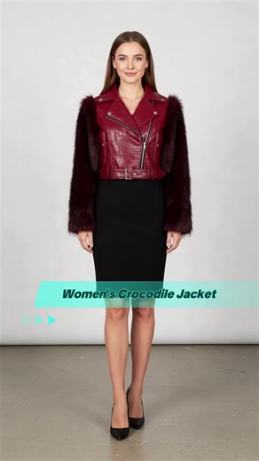 Women's patchwork jacket, crocodile pattern sleeves, zipper design, casual biker style, suitable for all seasons, fashionable and luxurious appearance