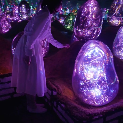 On view at “teamLab Planets TOKYO” Toyosu, Tokyo https://www.teamlab.art/e/planets/ ・ “Moss Garden of Resonating Microcosms - Solidified Light Color, Dusk to Dawn” * The content of the work changes between daytime and after sunset. The artwork will glow after sunset. * In the event of light rain, the artwork will remain open to the public. In the event of typhoon-level winds or heavy rain, the artwork will not be viewable. Ovoids that change appearance with the sunrise and sunset are laid out in