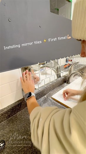 First Time Installing Mirror Tiles✨🤯#mirrortiles #diyproject #beforeafter kitchenmakeover #diy