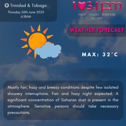 3.9K views · 35 reactions | Today's weather forecast: | 103.1FM Trinidad & Tobago | Facebook