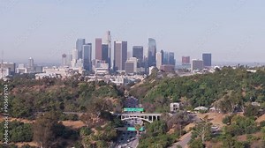 Downtown Los Angeles Aerial with freeway traffic _1