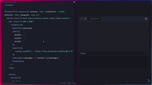 I had a cool idea for a code preview component in Animotion while working on a videoIt's just an you control the contents of using the same code update API for each block and resolve imports using an import mapYou could also compile Svelte components this way
