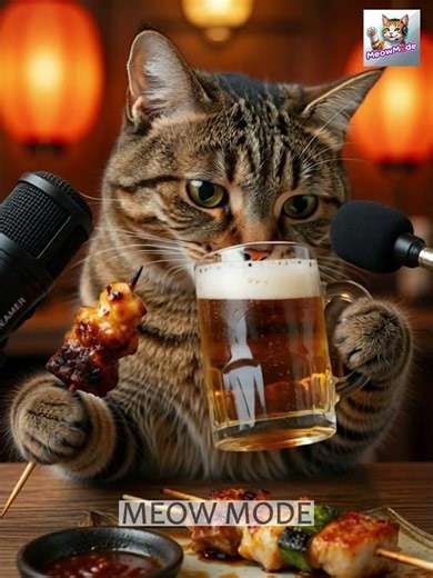 Tabby Cat Beers & Yakitori Podcast Party! 🐱🍺🍡🎙️ #funnycats #gattidivertenti #catmemes #meowmode