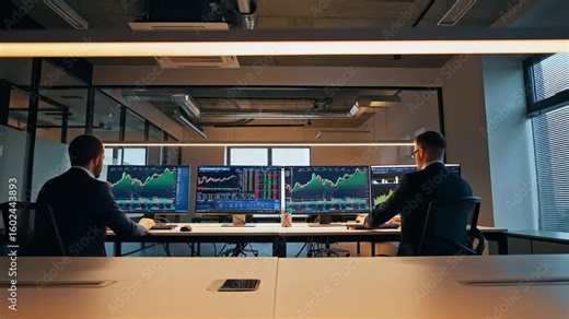 Two traders in suits view stock graphs on multiple monitors in a modern office setting
