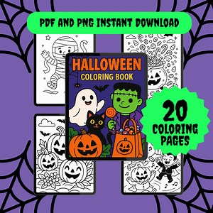 Halloween Coloring Pages, Digital Coloring, Instant Download, PDF & PNG, 20 Pages