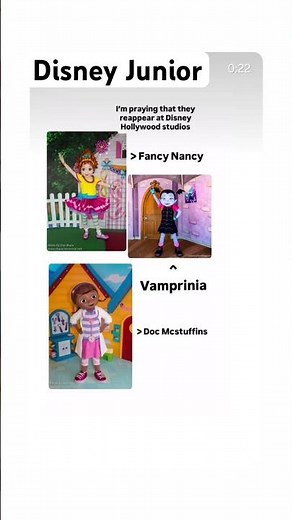 I hope that Fancy Nancy, Vampirina, and doc Mcstuffins reappear at Disney’s Hollywood studios
