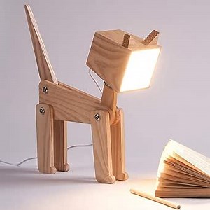 Unique Bedside Table Lamp Cat Adjustable Body Wooden Desk Lamp with Dimmable Touch Switch Warm White Light for Kids Room, Living Room, Boy's Girl's Bedroom, College Dorm, Bookcase