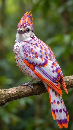 METABIRDS on Instagram: "MetaBirds — Prismacrest 🎨 Main Colors: Fiery orange, amethyst purple, soft peach, snow white, chestnut brown 📍 Habitat: Tropical forest canopies and misty jungle rivers ✨ Trait: Prismatic feathers with flame-like circular patterns that glow under sunlight 📄 Description: Prismacrest is a MetaBird born deep within Colombia’s untouched tropical forests. Its plumage captures sunlight and refracts it into vibrant hues, creating the illusion of a living prism. Each feather 