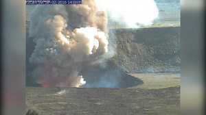 Volcano Explosion (Jan. 2, 2016) At around 2:17 p.m., HST, on January 2, a rockfall from the east rim of the Overlook vent within Halemaʻumaʻu Crater at the summit of Kīlauea impacted the lava lake, generating a small explosive event captured by HVO webcams. (courtesy USGS Hawaiian Volcano Observatory) | Big Island Video News
