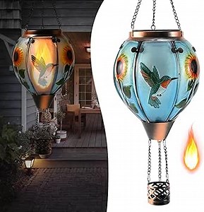 Hot Air Balloon Solar Lantern - Hummingbird Glass Lantern, Simulated Flickering & Dancing Flame, Outdoor Hanging Sunflower Yard Light Waterproof IP65 for Patio Lawn Porch Decor Gift