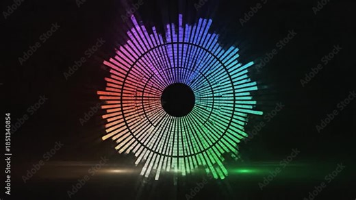 Vibrant circular audio spectrum with glowing rainbow bars pulsing to the beat, a neon soundwave visualizer against a dark background with dynamic light effects