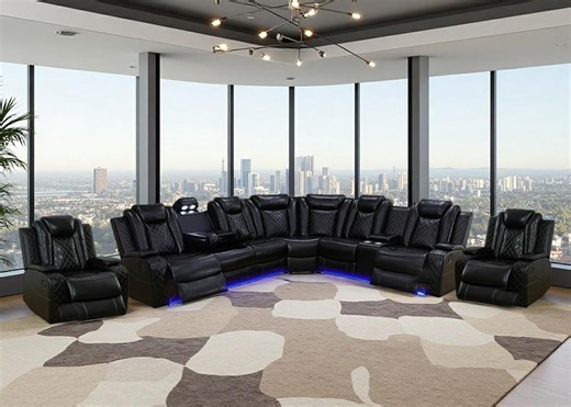 Living Room Furniture Sets, Power Reclining Sofa and 2 Chairs Set, Black Leather Recliner Sectional with LED Light, Modern Sectional Couch with Cup Holders & Storage Console