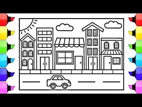 Town Drawing, Painting and Coloring Pages for Kids, Toddlers | Beautiful Town Drawing Easy