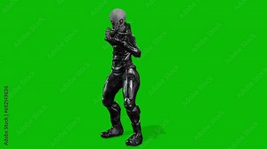 Grey alien wearing a space suit and holding a sci-fi gun aiming on green screen, seamless loop 3D animation, front view Stock Video