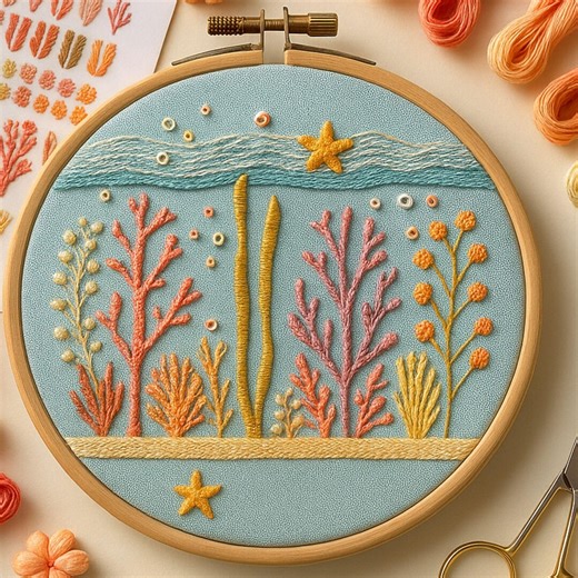 Coral Sunset Underwater Embroidery Pattern – Modern Hand Embroidery PDF for Ocean Lovers - Etsy