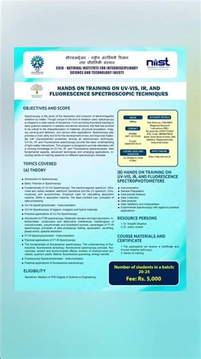 🎓 6-Day Hands-On Training Program🔬 Spectroscopic Techniques, 23-28 March 2026, CSIR–NIIST #csir