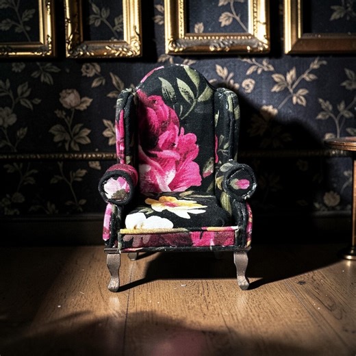 Victorian Wingback Chair | Black and Pink Floral Upholstery | 1:12 Scale Miniature Armchair - Etsy