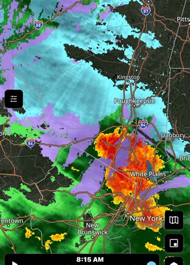815am Friday Weather radar update Rain, Sleet, freezing rain, and snow continue to spread across the HVW area. Purple = Freezing rain Orange & Pink = Mixed/Sleet Blue = Snow Green & Yellow = Rain | Hudson Valley Weather