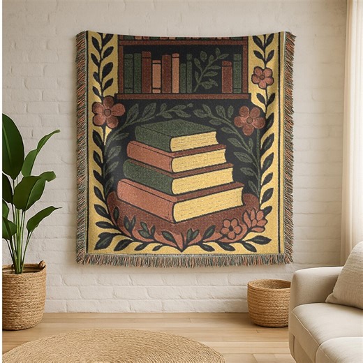 Stack of Books Woven Blanket | Library Bookcase Tapestry Throw - Etsy