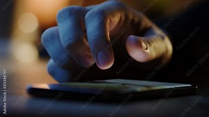 Touch Screen Smartphone Lying on the Table while Person Scrolls through Social Media Feed, Browsing Websites, and Various Apps. Close-up Macro View with Evening Lighting