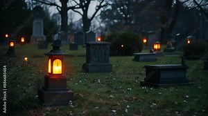 A peaceful graveyard softly lit by solar lanterns p on the graves of historical figures and notable individuals.
