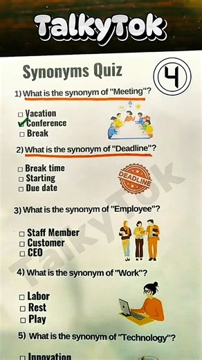 243K views · 5.7K reactions |  Test your office and technology English vocabulary! 易 Can you get all 7 synonyms right? ✨ Try to guess before the answer appears!  Write your final answer for “App” in the comments below  #LearnEnglish #EnglishQuiz #VocabularyQuiz #OfficeEnglish #TechVocabulary #DailyEnglish #EnglishLearning #StudyEnglish #TalkyTokLearning #EnglishForBeginners | TalkyTok | Facebook