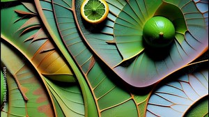 a lime and a sliced lime placed on large green leaves with vividly highlighted veins, a creative expression combining natural patterns with art