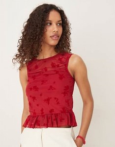 ASOS DESIGN - Top froncé en tulle floqué avec ourlet à basque - Bordeaux | ASOS