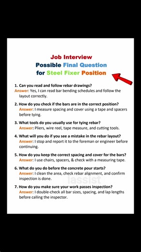 13K views · 82 reactions |  Job interview question with short answer, steel fixer position. #jobs #jobinterview #jobinterviewtips #jobinterviewquestions #interview #interviewtips #fypシ #follower #job #SteelFixer | i.Assist | Facebook