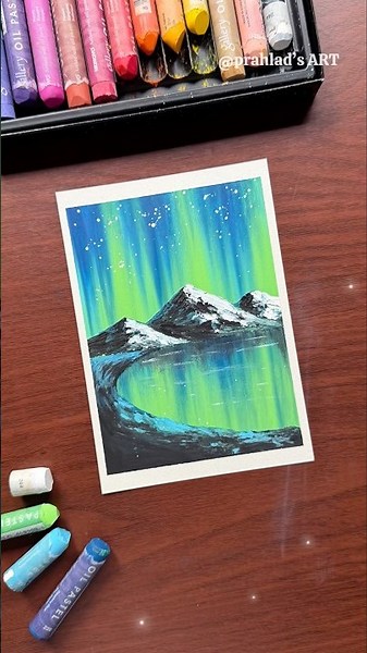 🌌 Easy Northern Lights Landscape Drawing with Oil Pastels | Aurora Borealis Art