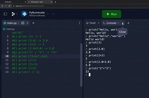 SOLVED:Start up an interactive Python session and try typing in each of the following commands. Write down the results you see. (a) print("Hello, world!") (b) print ("Hello", "world!") (c) print (3) (d) print (3.0) (e) print(2 3) (f) print(2.0 3.0) (g) print ("2" "3") (h) print ("2 3=", 2 3) (i) print (2 * 3) (j) print(2 * * 3) (k) print(2 / 3)