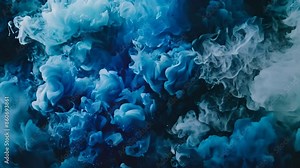 A dynamic composition showing a mixture of deep blue and white substances hanging in the air, Craft a dynamic composition with layers of deep blue tones bursting outwards in a dramatic display
