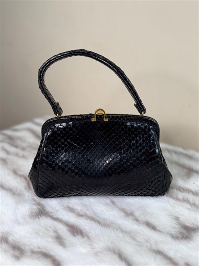 Vintage Black Snake Leather Handbag With Structured Shape and Beige Suede Interior - Etsy Canada