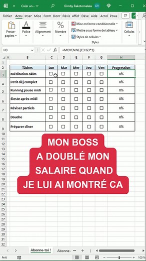 Créé ton suivi de tâches dans Excel pour une nouvelle année organisée 🚀 PS : Si ça ne fonctionne pas, tu peux essayer une de ces 3 alternatives : 1/ MOYENNE(--(C3:G3)) 2/ MOYENNE(C31;D31;E31;F31;G3*1) 3/ MOYENNE(C3 D3 E3 F3 G3)/NBVAL(C3:G3) 👉 Clique sur le lien dans ma bio pour télécharger mon eBook gratuit | Dimby Rakotomalala