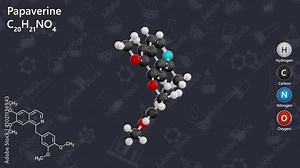 Molecule of Papaverine (C20H21NO4), is an alkaloid derived from opium. It has a role as a vasodilator agent and an antispasmodic drug. Chemical model: Ball and Stick. Dark background. 3d render.