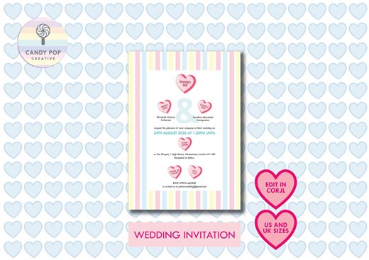 Editable Love Heart Wedding Invitation Romantic Digital Invite | Corjl Instant Download | Yellow Pink Blue | UK & US Templates | Printable - Etsy