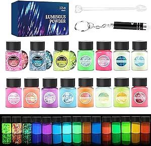 Glow in The Dark Pigment Powder 15 Jar -12 Color Glow Pigment and 3 Color Luminous Flake with UV Lamp - Epoxy Resin Luminous Powder for Slime Kit,Skin, Nail Safe Long Lasting Self Glowing Dye for DIY…