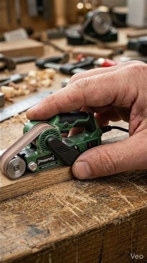 Human hand operating belt sander