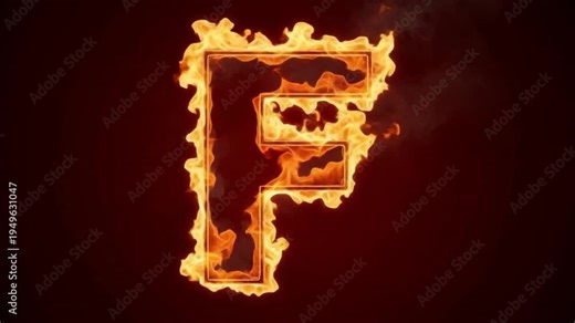 Flaming letter f on a dark background with orange and yellow hues and smoke