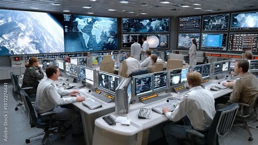 Inside the Command Center: A dedicated team monitors complex systems in a modern command center, their focused attention on data streams projected across multiple screens.