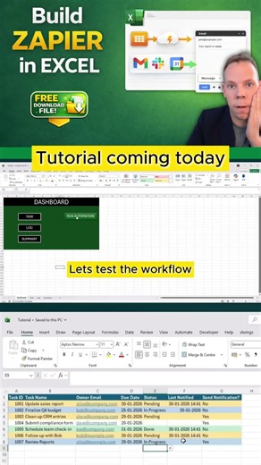 New tutorial coming today Learn how to build this workflow Trigger Gmail flow that sends overdue tasks, updates sheet and log activity and more. Free template in the is tutorial. Subscribe to my YouTube channel. Link in bio #exceltricks #vba #exceltips #exceltraining