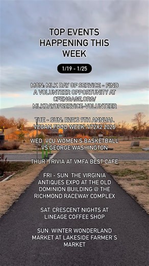 The Richmond Experience on Instagram: "Rise and shine, Richmond! Today is “a day on, not a day off” as we celebrate Dr. Martin Luther King Jr’s life and legacy. Find a volunteer opportunity at cfengage.org/mlkdayofservice-volunteer 💛 Your guide to the top events around the city 👇 💛 Mon: MLK Day of Service - find a volunteer opportunity at cfengage.org/mlkdayofservice-volunteer 🍽️ Tue - Sun: RVA’s 9th Annual Vegan Food Week with @veganorg: V72X2 2026 🏀 Wed: @vcuwbb vs George Washington 🤔 Th