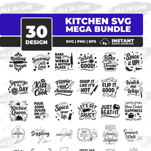 Kitchen SVG Bundle 30 Designs | Funny Cooking Quotes | Baking & Chef Quote Cut Files | Png Svg Eps | Cricut Silhouette Digital Download - Etsy