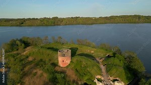 A drone view of The old Castle at Manor House Hald Hovedgaard, Viborg, Denmark. Springtime view at Hald, So, Dollerup Bakker, Viborg. View over Hald Lake from Dollerup bakker. Geological formations.